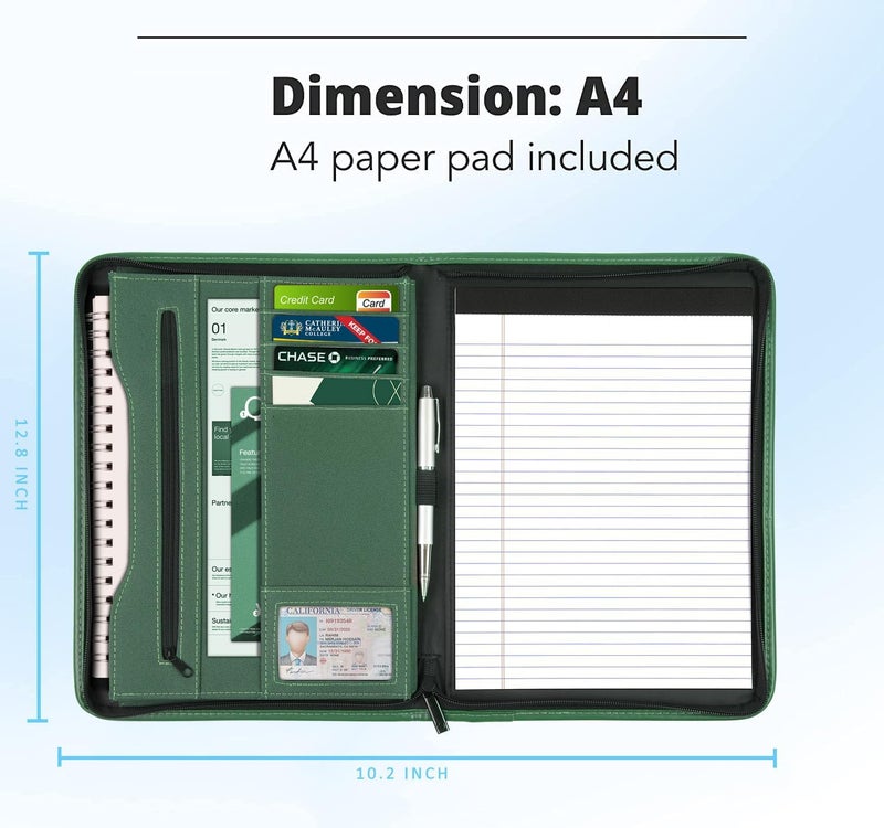 Gorbado Zippered Portfolio Organizer/ A4 Refillable Lined Writing Notepad Folder Case/Fabric-Covered Padfolio Binder with Interior Storage Pocket for Men Women.Green - Image 4